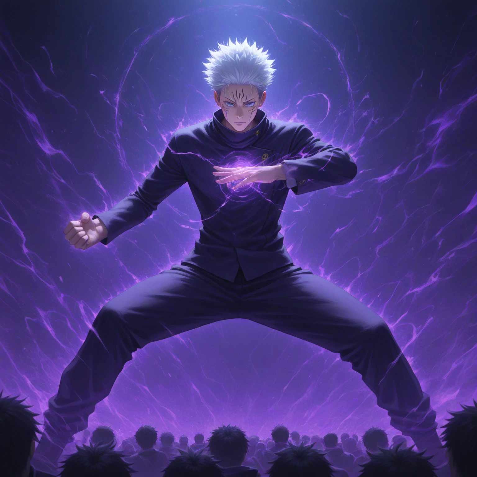 "A hyper-detailed Satoru Gozo from Jujutsu Kaisen, from chest to full height. His spiky white hair glows with an intense blue-purple aura, illuminating his face. His piercing blue eyes are wide open and glowing with immense power, emitting streams of light. Standing in a dynamic fighting stance, forming a certain gesture for a technique, surrounded by a swirling, crackling blue and purple energy. The background is dark and abstract, filled with similarly vibrant energy patterns that emphasize his power. The art style is a mix of realistic visuals with anime aesthetics, showcasing intricate details of his skin, hair, and energy effects. High resolution, 4K, dramatic lighting, epic atmosphere."