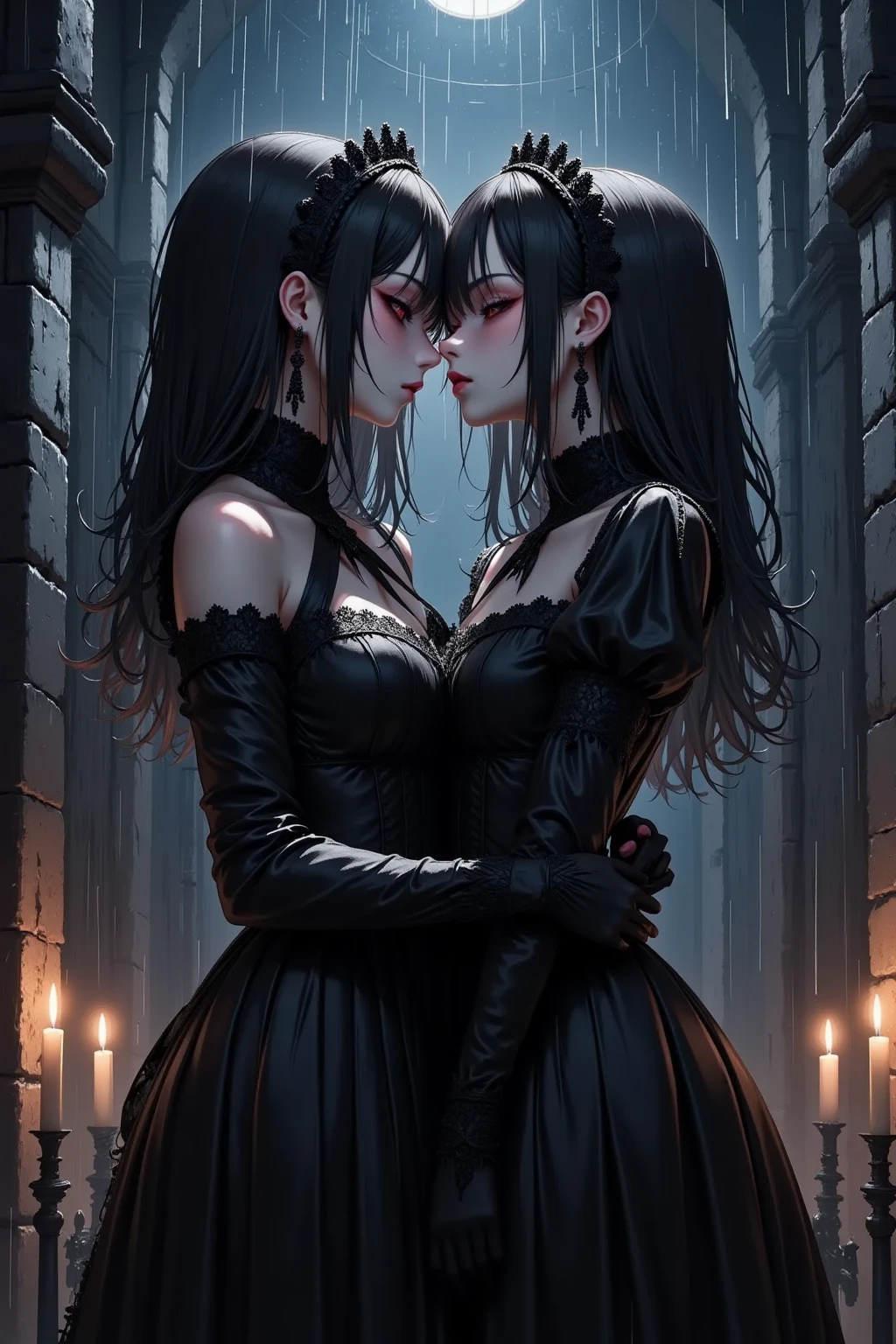 (masterpiece, top quality, best quality, official art, beautiful and aesthetic: 1.2), (1 woman: 1.3), 40 years old, long curly dark brown hair, ((fancy bun)), Victorian style, Victorian classic, extremely detailed, portrait, looking at the viewer, solo, (full body: 0.6), detailed background, close-up, mischievous eyes, (cold midnight castle theme: 1.1), vampire, long fangs, blood on chin, huge lips, charlatan, mischievous smile, mysterious, being seductive on the balcony, revealing gothic dress, extremely tight bodice, black costume, magenta skirts, off-the-shoulder, long sleeves, loose sleeves, black leather , cape, corset, black dress, fishnets, black high boots, buckles, straps, bags, glowing blood magic energy, dark magenta fabric, silver trim, black leather, extremely slim, slim waist, slim hips, medieval background (gothic castle exterior: 1.1), nocturnal, dark and mysterious lighting, shadows, magical atmosphere, Dancing lightly, with chin resting on shoulder, abigail larson art style.  Very sexy, with chin resting on shoulder, abigail larson art style, upper body