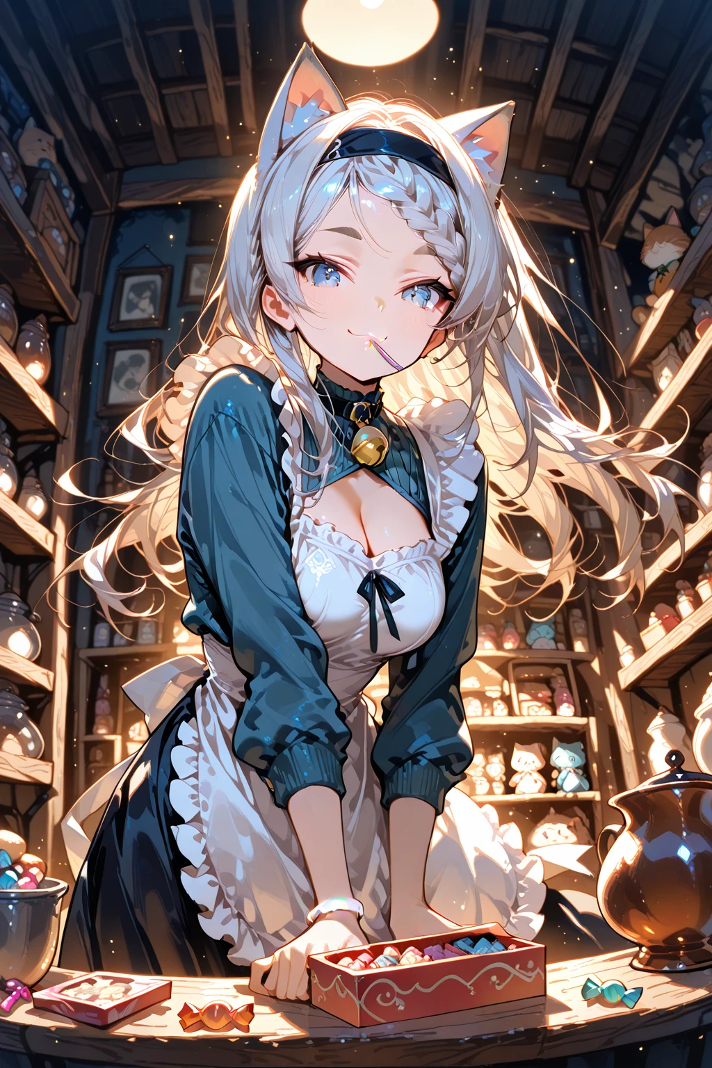 score_9, score_8_up, score_7_up, source_anime, 1girl, solo, looking at viewer, Belldandy, maid, maid headdress, maid apron, long sleeves, ((basement)), dark, dimly lit, shelf, shadow, dramatic lighting, loaded interior, (messy room), blood, cardboard box, bag, jar, all fours, full body, black dress, frilled dress, puffy sleeves, cleavage, black footwear, mary janes, hanging light, light bulb, hanging breasts, serious, parted lips