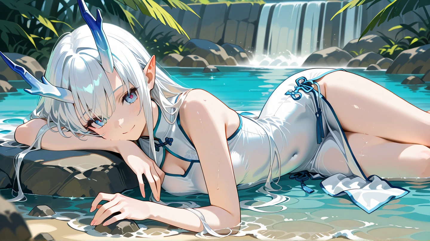 ((Highest quality)), ((masterpiece)), (detailed), 1 White-haired Elf Witch, Beautiful red eyes,sexy,In the sea,Seductive pose, dynamic poze, Tie-dye bikini,Many flowers on the water surface,overhead shot,innertube,Show Panties,swim ring