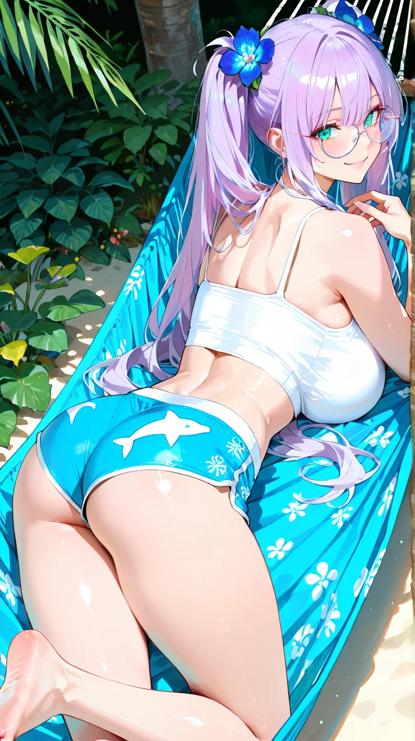 (masterpiece, best quality:1.2), full body, solo, Android 18 from Dragon Ball, 20s, ((string bikini, black bikini)), sitting, medium breasts, blunt bangs, short purple hair, (black eyes), earrings on earlobes, slim, skinny body, blush, sky, magnificent view, blur background, 4K, open mouth, beach, side-tie bikini bottom, smile, (Sandy Beach), barefoot, knees up, beautiful butt, (front view,) (hugging own legs), (crossed arms), side boob, cleavage, front side, (under bikini aside), sea bathers