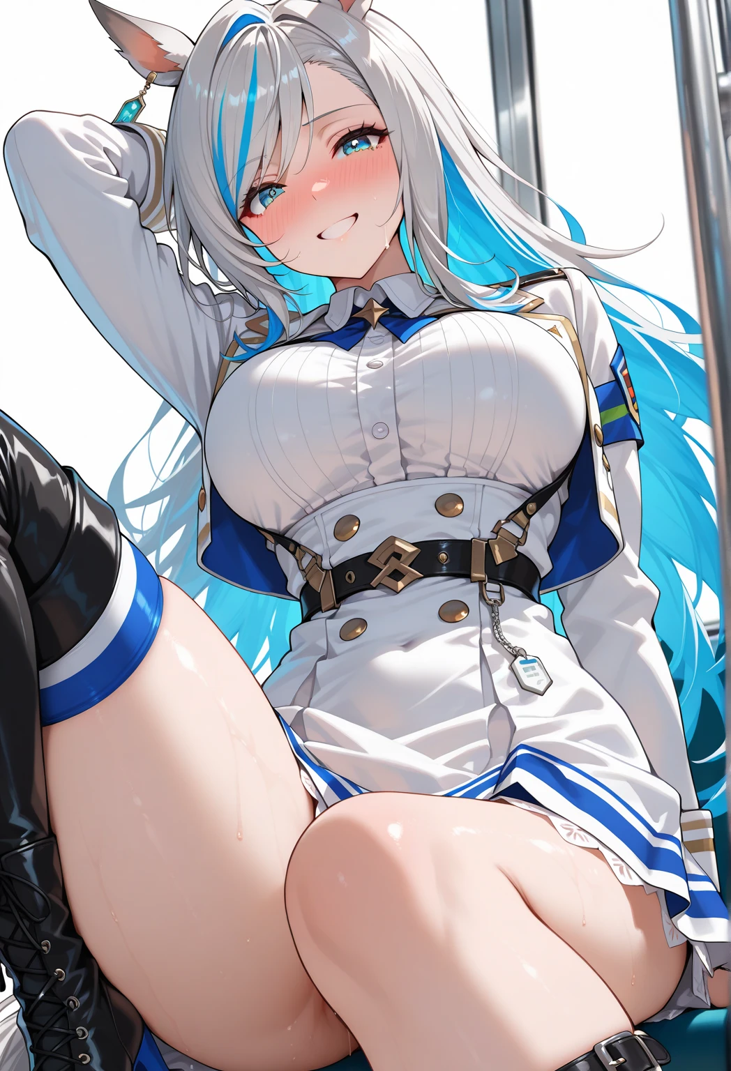 ((highly detailed)), nikke, privaty, perfect human hands, (great breast:1.1),masterpiece, best quality, ultra-detailed, glistening shiny, glowing light, ray tracing, HDR, deph of field, (perfect face, detailed face, detailed eyes,perfect hands,perfect fingeredium :1.2),8k,HD,ultra realistic face,ray tracing,perfect lighting,best quality, ultra-detailed, shiny eyes, (looking at the distance, serious:1.1), ((1girl:1.2)),cowboy shot,thicc,streaked_hair,((blue gradient hair)),multicolored eyes, gradient eyes, (glowing eyes:1.5), mascara, (fashion make up), (parted lips,blush,cameltoe, night city, street, pool, crowd, cars, lights, inside a bar, city, party, hotel, hotel room, bed, window),((super detailed background)), dynamic poses, ((8k wallpaper)), (mature female), military uniform, long sleeves, straps, hat, white headwear, black thighhighs, (((uniform))), (((transparent uniform))), (undersized clothes), (pussy), (((pussy juice))), (((peeing))), (((missionary))), (((pubic hair)))