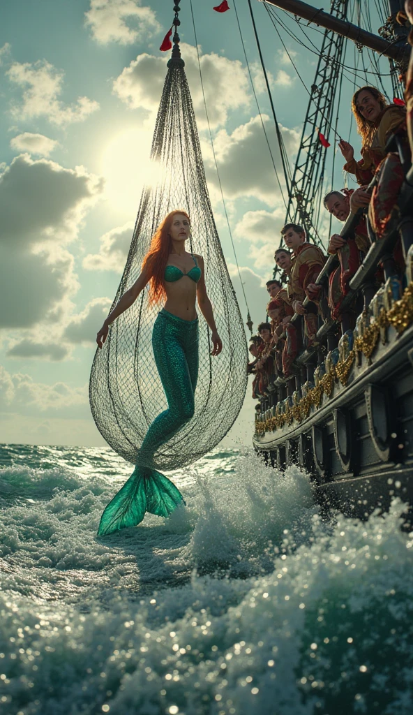 ((Dark fantasy movie style)), retro, dark realistic, vintage movie,  a mermaid calling pirates to enter the water 