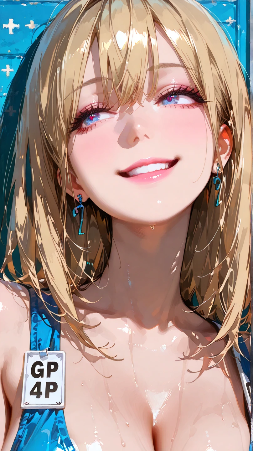 (Highest quality、Masterpiece、Very detailed、4K)、One Woman、22 years old、Big Breasts、Light blue eyes、Blonde、Long Hair、Smooth Hair、Gal、Super smile、very cute、blush、(Shoulder Bare)、sweater、((Beautiful shoulders、clavicle))、(((Raise your hand)))