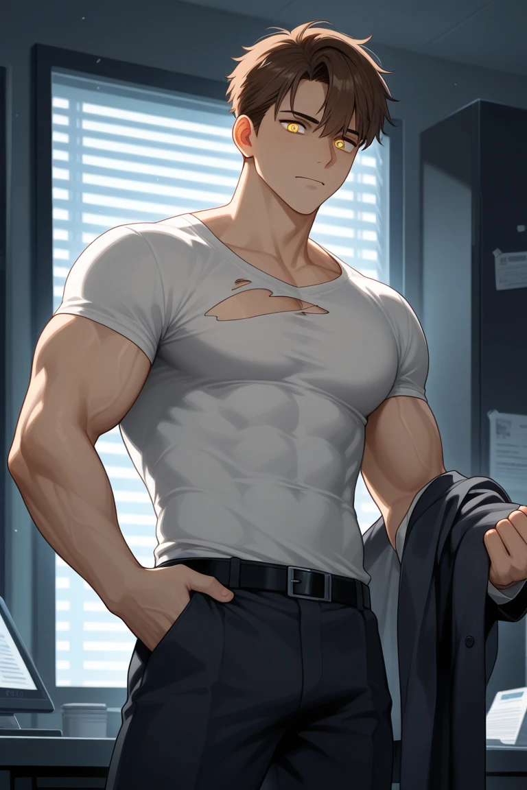 (1 Adult male),A high resolution, Sharp focus, Pixiv masterpiece, ((Complicated details)), highly detailed, natsuki_subaru, 1 adult male,virile,Gentlemen style,toughboy style, with her mouth open,drools,full bodyesbian, Golden eyes(eyes glowing), with short black hair,Tie shirt,thongs,Silver belt,perspire,look from down