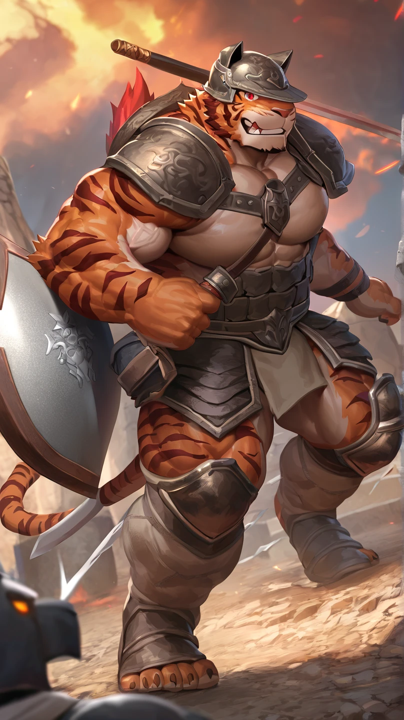 masterpiece, best quality, 8k resolution, Very detailed, hairy，tiger，((red hair))，muscle，Strong，超大muscle，((Sweating))，(((Purple pupils)))，For the audience，(((blacksmith铺)))，portrait，(((Shirtless)))，(Highest quality scene)，(((crotch cloth)))，(((blacksmith)))，(((Blushing)))，(((Hip bulge)))，(((Ultra clear eyes))，(((Iron)))，((Solitary))，((whole body))，(((Hammer in hand)))，(((Standing)))，((Mature))，(((Uncle)))，(((Orange fur)))，((Shame))