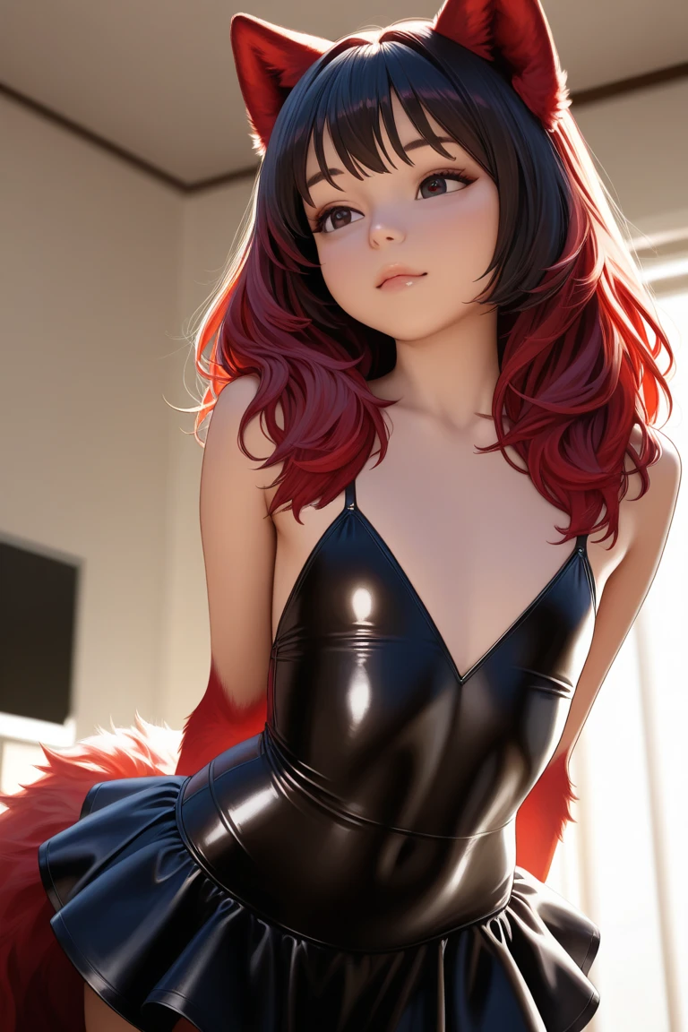 Anime girl, red dress, tight dress, narrow waist, dress ribbon, red ribbon on waist