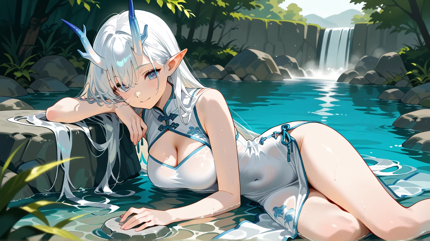 ((best quality)), ((masterpiece)), (detailed), ((((1girl)))), ((frozen princess)), ((((blue skin)))), (((elf ears))), ((yellow eyes, ((24 years old)), ((perfect fingers)), ((( jungle background))), ((fighting stance)), ((big smile)), (((perfect face))), (((small breast))), (((strong girl))), (((ice maiden))), (((beautiful girl))), (((long icy hair))), nipple, cunt, nude, ((lying back)), (((shiva armor)))