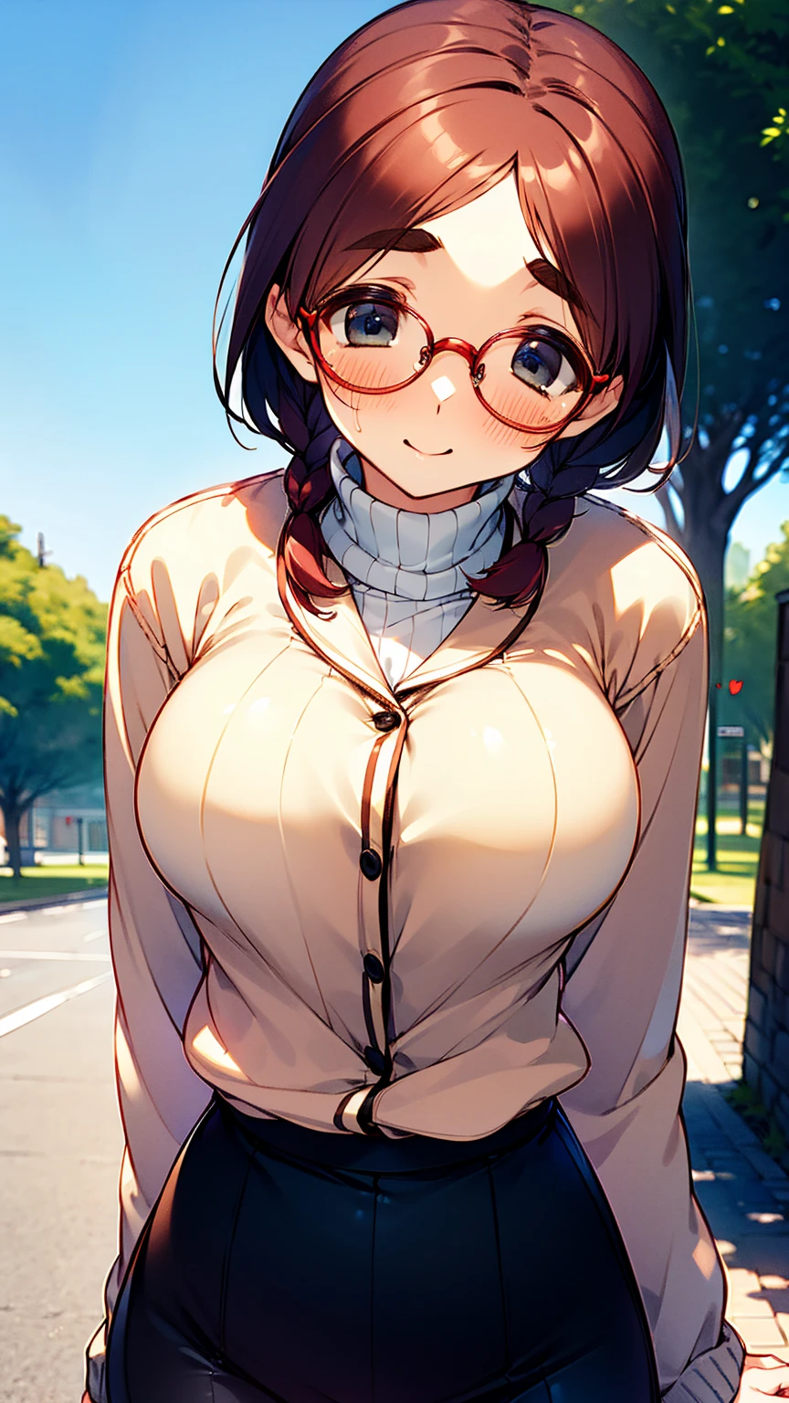 master-piece, bestquality, 1girls,16 years old, View viewers from front, HD, slight smile, big tits, cleavage, tights cloth, , tiny body, leaning forward, outdoor, mountain, wear glasses, under tits cleavage, look down, sweater, hands on kneels, stand up, nico yazawa,