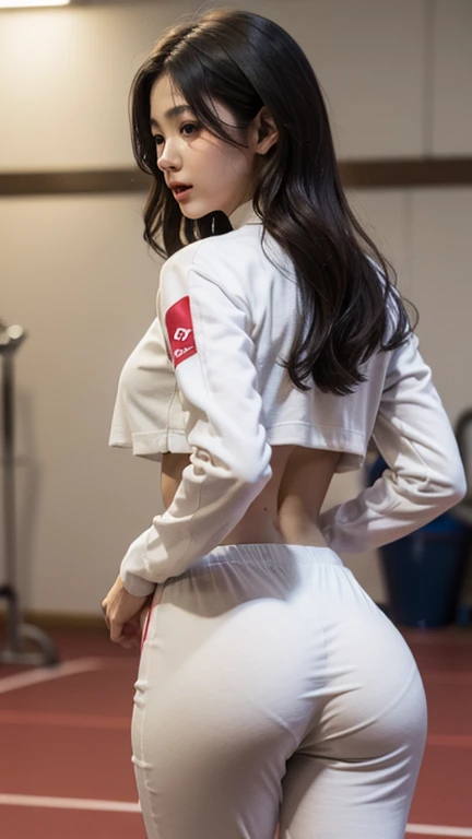 there is a woman in a Nurse uniform holding a knife, Nurse, Giantess Art, Nurse girl, rossdraws Volumetric Lighting, Full length white socks, Huge legs towering over you, Surrealism的女学生, Cute sexy ass, Surrealism , lois van ross works, an alien robot naughty Nurse, Bottom Angle, high resolution committee