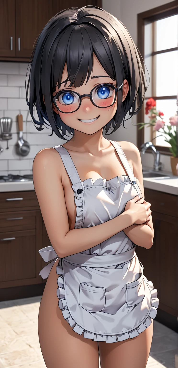 ultra-detailliert, Best Quality, High resolution, ((1girl in)), Looking at Viewer, pale skin, Petite, ( Apron), (Very short hair), (flat chest), (Glasses), (blush:1.2), Blue eyes, Happy smile, NSFW, cuisine、A dark-haired、bustshot、