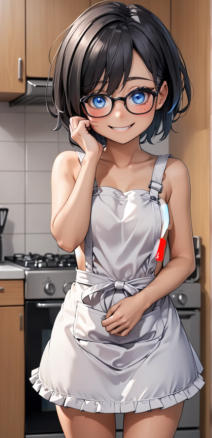 (tmasterpiece,best qualtiy:1.2),ink and watercolor painting,girl with、bob cuts、I'm embarrassed、eye glasses、Apron naked