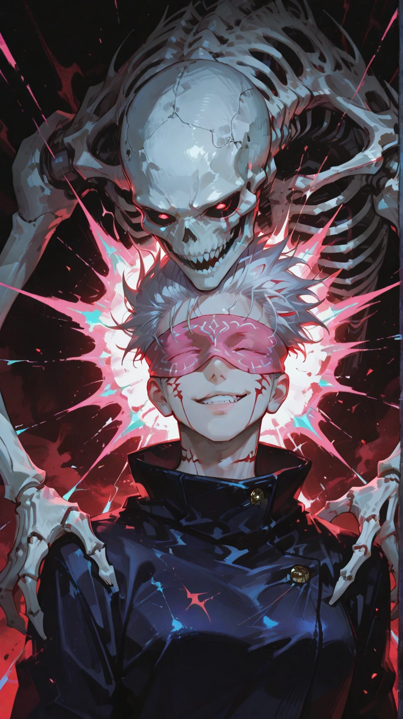 Anime style, Jujutsu Kaisen, Sukuna ryomen with spiky white hair and pink blindfold, smirk on face, red streaks on face and neck, wearing dark blue jacket. Behind him, a grotesque skeletal creature with sharp teeth. Vibrant and contrasting neon energy bursts in magenta, pink, red, and teal. Dynamic composition, highly detailed, high contrast, dramatic lighting, digital painting