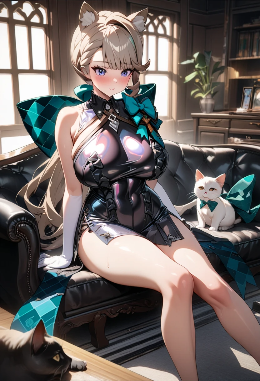 (masterpiece),best quality, expressive eyes, perfect face, 1girl, she has cat-ears
big breast, H-cup, good breast, beautiful, gorgeous ,large breast, sitting on a desk, medium shot, indoors, magician office, cleavage, white sleeves, Turquoise bow, black school skirt, bow, feminine, blushing
lynette "Genshin_Impact"