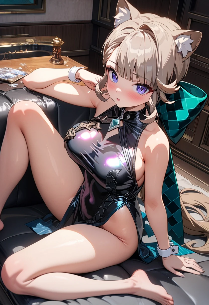 Lynette, genshin impact, smiling, cat ears, small breasts, leotard, belly cutout, navel, ((purple eyes)), green bow, panties, pantyhose