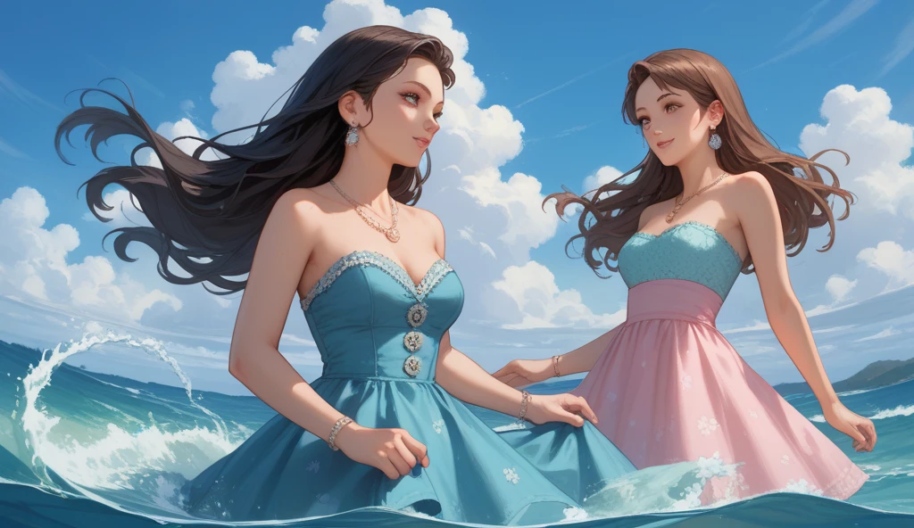 masterpiece, best quality, photorealistic, solo, perfect slim fit body, thick thighs, huge breasts, braided wavy hair, hair ornaments, necklace, bracelets, artistic, seaside, tropical themed scenery, green, purple, yellow, elaborate details, walking pose, vibrant, contrast, sky, clouds, sea, coast