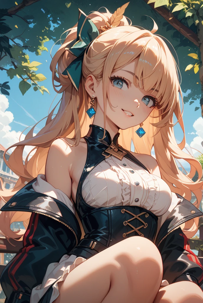 solo, A beautiful evil lady assassin , wearing a short skirt, gazing condescendingly at the viewer with a cute grinning expression, ((heart marks are floating in the background, kiss, blow a kiss to the viewer)), (opening your legs), (not showing your skin), extremely detailed , masterpiece quality, ultra-detailed, HDR, vivid colors, physically-based rendering, thick muscular thighs, beautiful muscular thighs, attractive buttocks, High resolution, masterpiece, accurate, Anatomically correct, Winner of numerous awards, best quality, detail, high detail, high quality, quality, Retina, Very detailed, Textured skin, Ultra high definition, (((attacking the viewer))), blonde twintail, battle, fighting, victory, seduction, temptation, japanese castle, pink