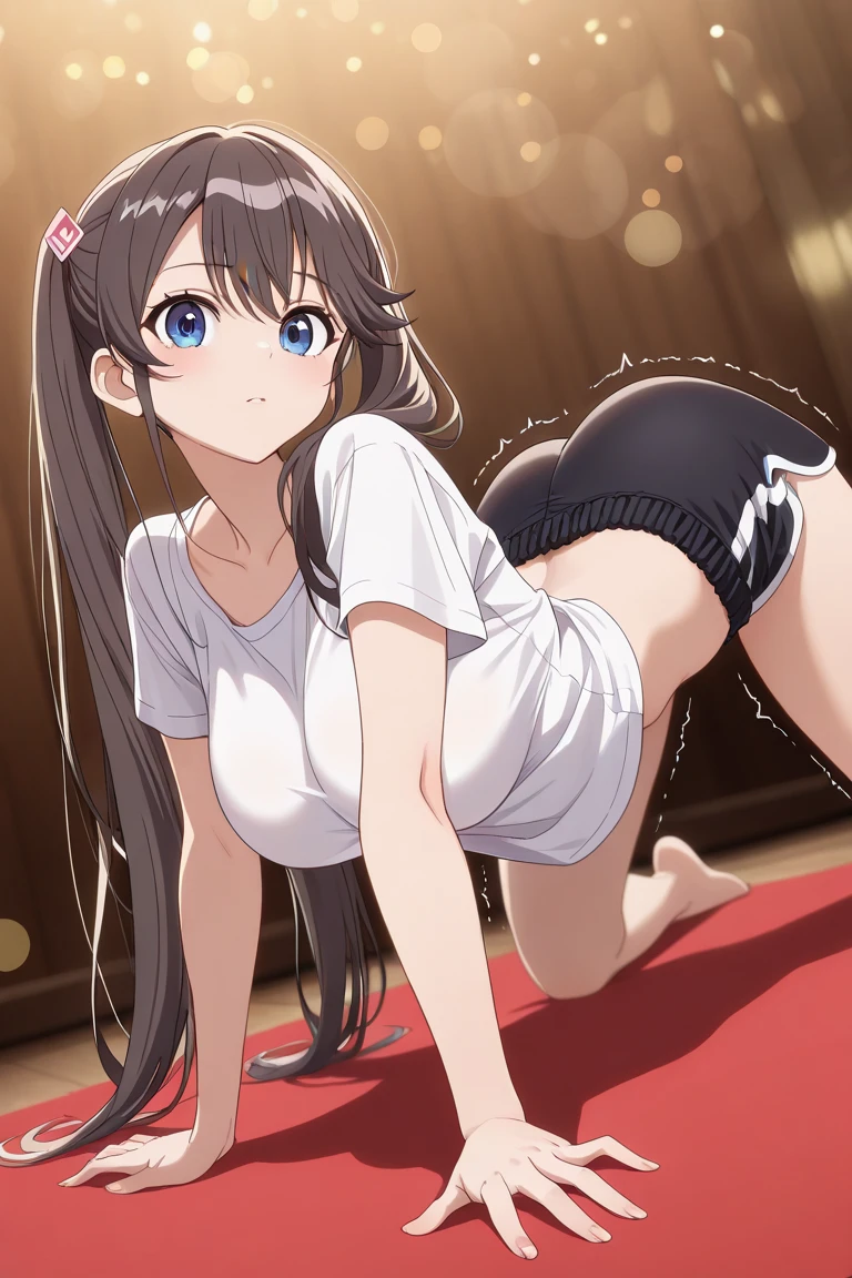 One girl, alone,Are standing_Split, Yuki Mikan, Long Hair，黒 sleeveless short vest，Pink Skirt，Blue and white underwear