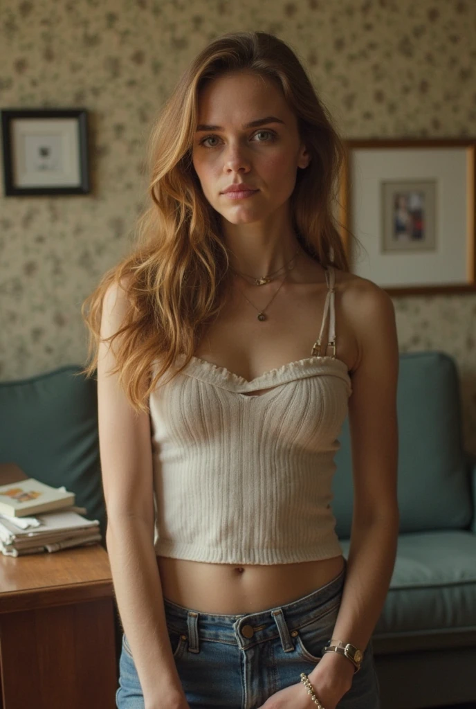 A realistic image of Allie, a white girl with medium length red curly hair, sitting on a couch in a bright room. She is in distress, with one hand on her face and the other on her lap. She is looking away from the camera, with a sad and worried expression on her face. She has tears in her eyes and her hands are trembling.