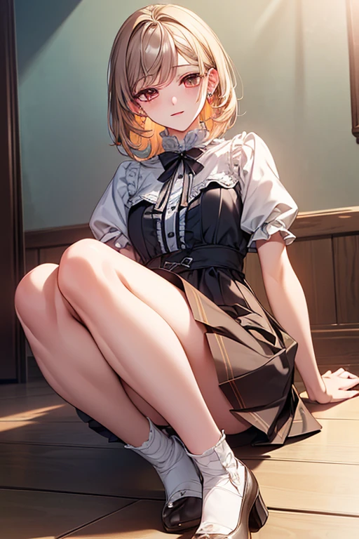 (Highest quality、masterpiece、Super detailed、One Girl、Cute face、Silky short blonde、(((Short hair in twin tails、Short bob twin tails)))、Gray eyes、From the knee up、Gothic Lolita Fashion、Highly detailed eye、Little red cheeks and nose、Cute face、