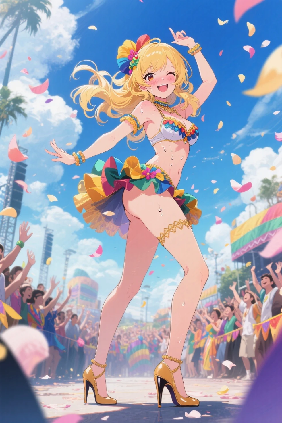((Highest quality)), ((masterpiece)), (detailed), （Perfect Face）、The woman is Reika Aoki, a Latin American with dark skin and medium-long blonde hair.、A woman is dancing the lambada in a lambada costume in South America