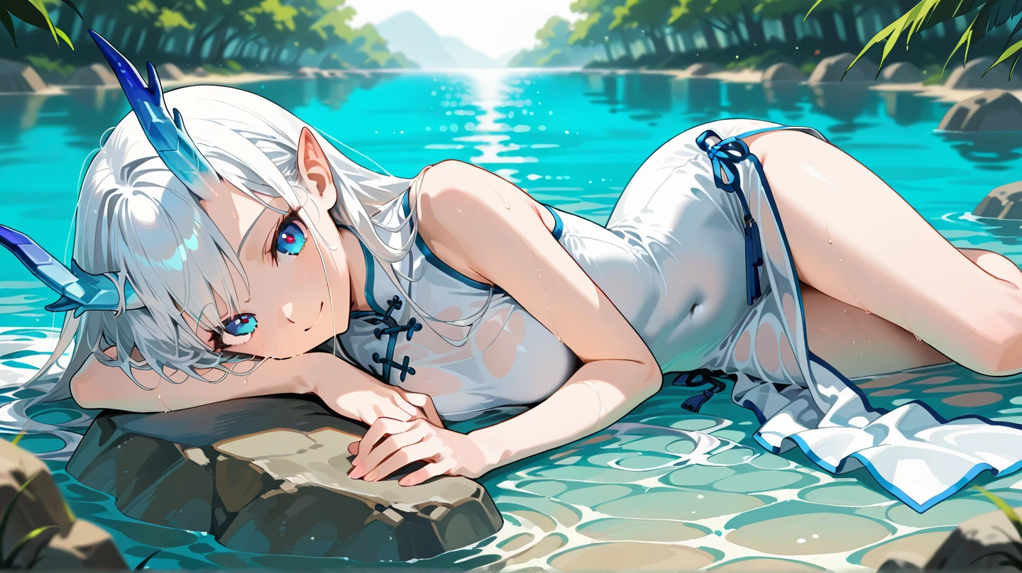 1 girl close-up, swimsuit, bikini, sleeping, one eye closed, elf, silver hair, red eyes, wave long, concept art, official art, beautiful anime scene, beautiful anime landscape, anime landscape, top rating on pixiv