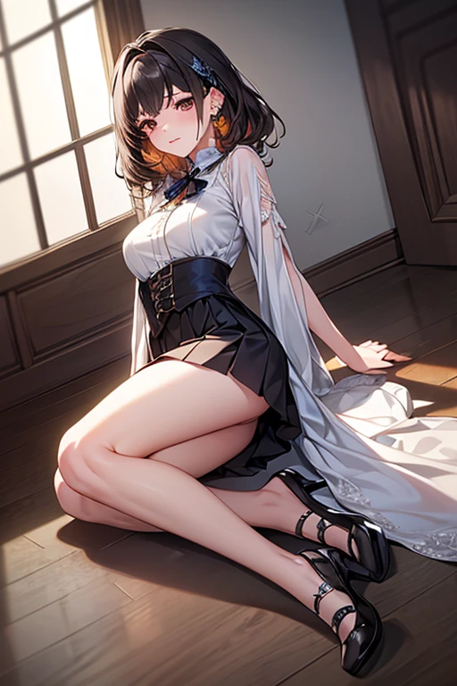 ((Photorealsitic:1.37)),((((low angles)))),((Beautuful Women))、Slimed、tiny waist、(((Pencil_Dress)))、((((((Woman in black and white checkered suit)))))) ,(((Black 10cm high heels and red shiny heels,))),((((White blouses)))), beauty legs, ((Wide prairie background)), tussock,one girls, (Sitting on a stump), (((Crying face))),Lady, 8K, Best Quality,eye line,lipgloss, small tits,22year old ,girl with, Sunrise,Sunnyday,glowing earrings, Beautiful brown eyes, finely detail, Beautiful detailed girl, strong breeze, Hair flutters, Slender face, 鎖骨, beutiful breast,length hair, Beautiful face, ((Half-up hairstyle)), Upstyle,Black Gradient Hair, Shiny hair,