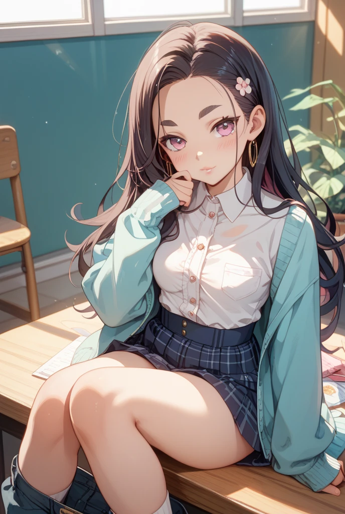 (Best quality, 8K, Masterpiece:1.3, 1girl, Beautiful girl), cute, Dynamism, Detailed face, Detailed skin, detailed clothes, Detailed eyes, Detailed lips, Detailed tongue, Detailed fingers, Detailed mouth, Photorealistic, Raw photo, highres, hight resolution, Natural lighting, dynamic pose, perfect anatomy, toned legs, double eyelids, tear bags, round eyes, moist lips, sweaty, ecstatic face, (blunt bangs), rainbow hair, yellow pupil, piercing, knit shirt, knit skirt, ass, sheer, looking at viewer, in the girly room, windows, from an angle, smile, desk, note, pen, book, cherry blossom, spring