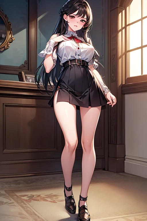 1girl, office, (angry), ((hourglass figure)), ((from below)), ((looking at viewer)), ((thick thighs)), ((pussy)), ((lingerie)), (nipples), ((pencil skirt)), ((viewer under pussy))