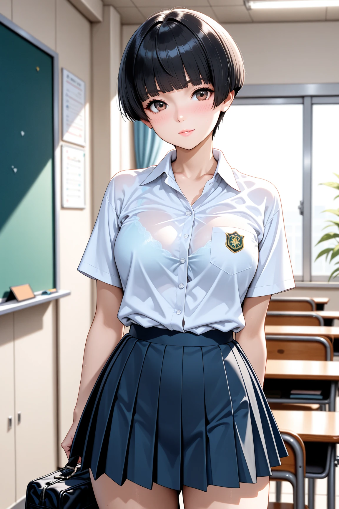 masterpiece, Highest quality, High resolution, One girl, alone, short hair, Brown Hair, Brown eyes, Bedroom、((pantyhose))、(Japanese school uniform)、(A slightly see-through bra)