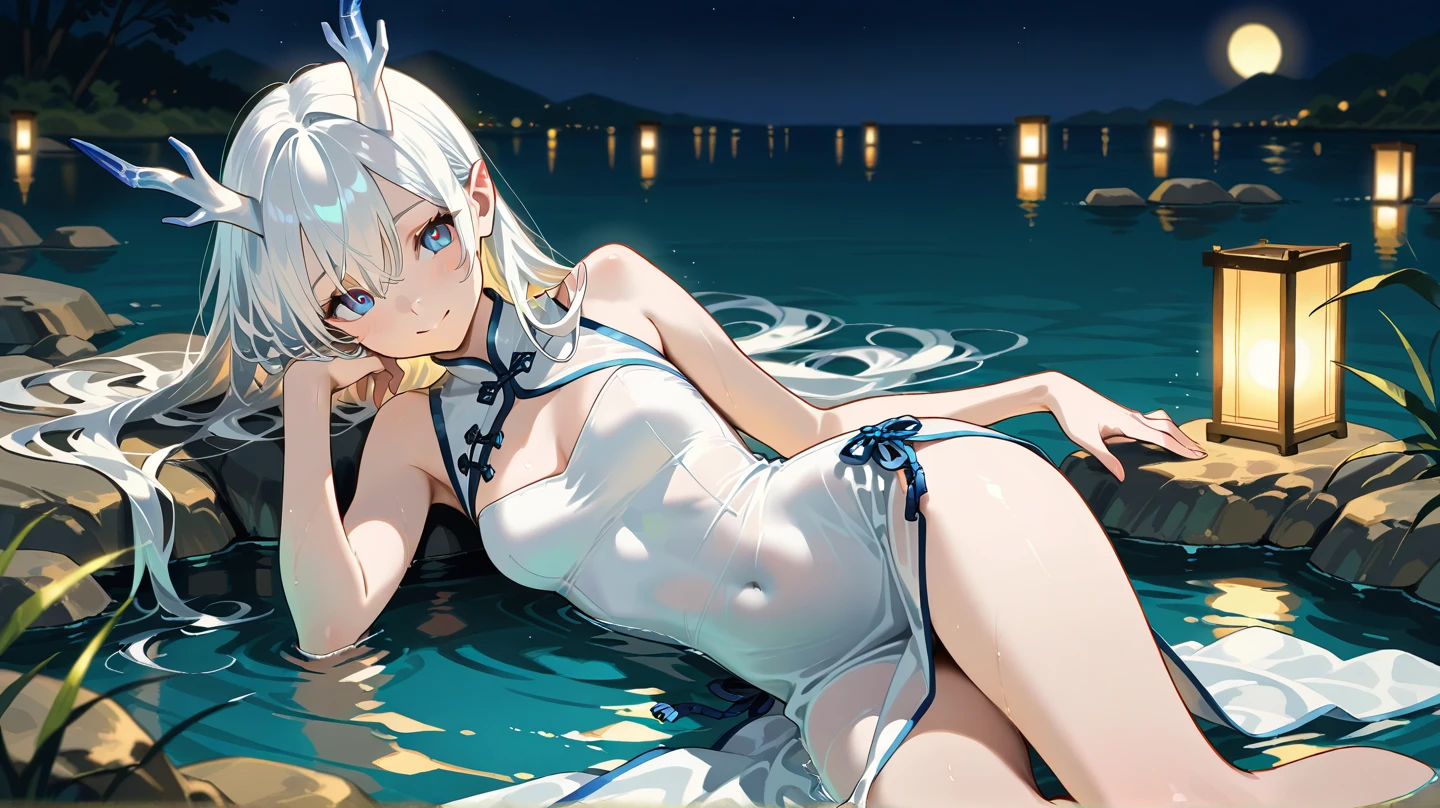 (Masterpiece, Best quality, ultra high resolution),1girl,beautiful and detailed face, detailed eyes,(squid girl,tentacles),jacket,open jacket,swimsuit under clothes,in the beach, night,((grey and blue theme)),