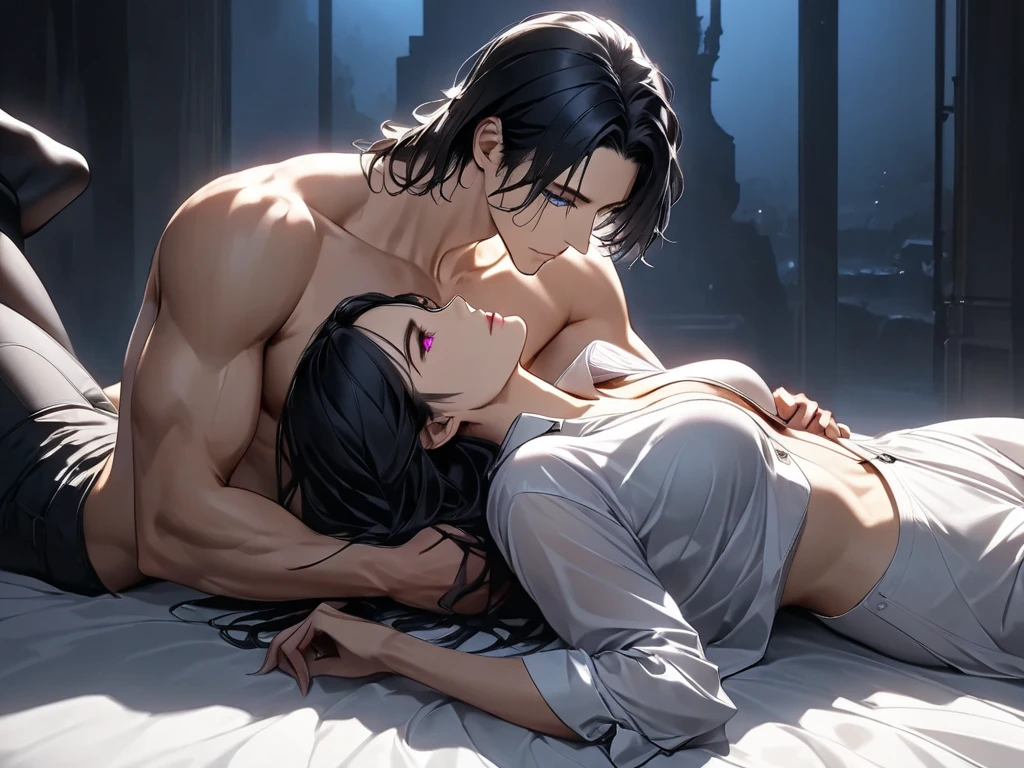 a tied up naked ager girl in black pigtails with an emo teen male guy with short black hair squeezing her boobs, spaceship, space ship, futuristic, guy with short hair, bondage, bdsm, incest, brother, sister