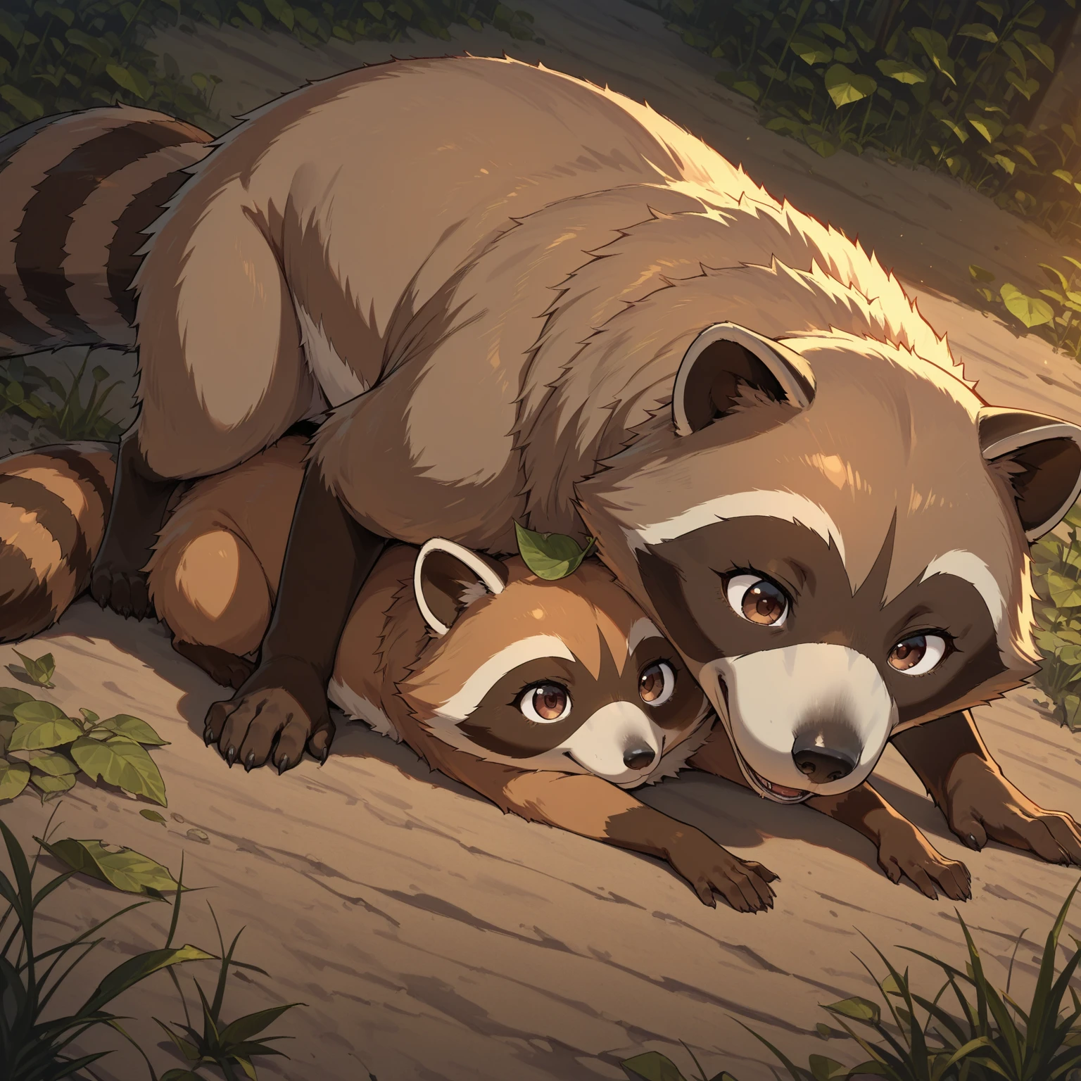 ((Best Quality)),( super high definition),(Super detailed),( detailed description ),((The best CG)),(masterpiece), 2animals, There are two different animals, one is a raccoon dog and the other is a fox,in animal form:1), (raccoon and fox couple)