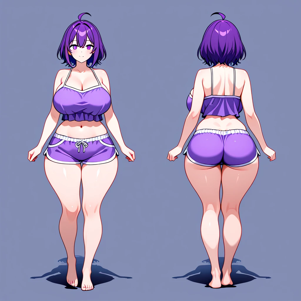 nsfw,lineup,Multiple view,nude,(toes),frontview,crotch,straight-on,middle shot,bare shoulder,bare breasts,bare arms,barebreasts,big nipples,Transparent Pasties,stomach,bare legs,sidelocks,purpleeyes,masterpiece,best quality,very aesthetic,absurdres,shiny,light,bigbreast,Covered nipples