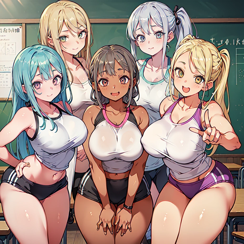 (masterpiece), maximum quality, (Colorful:1.1), (5 girls, group shot:1.4), (slim body:1.1), (huge tits:1.5), (dark skin:1.1), (muscles:1.1), blonde hair, Silver hair, Twin tails, (leaning forward:1.4), (Open your mouth, happy smile:1.1), (winc:1.4),peace sign, (stars and stripes bikini, microbikini:1.1), cowboy Shot, (Classroom:1.1), blackboards