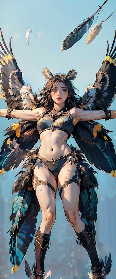 (Realistic: 1.6), (Clarity: 1.6), (Detailed: 1.8), (Woman: 1.0), (Eagle Legs: 2.0, Feathers: 1.4), (Wings: 2.2, Feather Detail: 2.0), (Body: Ultra-fine, Seductive expression, Sculpted abs, Hourglass figure),
A woman with the lower body of an eagle, strong and powerful, her legs transformed into muscular limbs adorned with intricately detailed eagle feathers. Her upper body remains human, showcasing the female form at