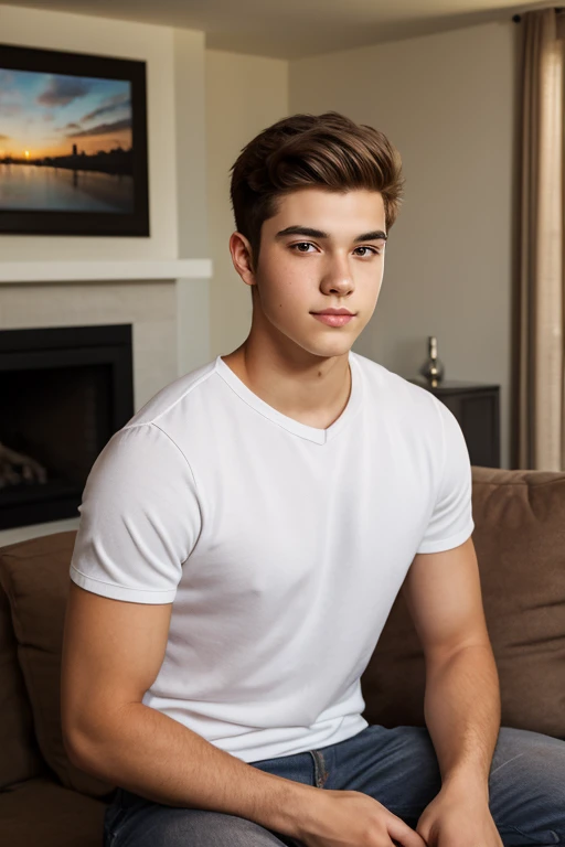 Muscular man, very short brown hair, tight white polo shirt