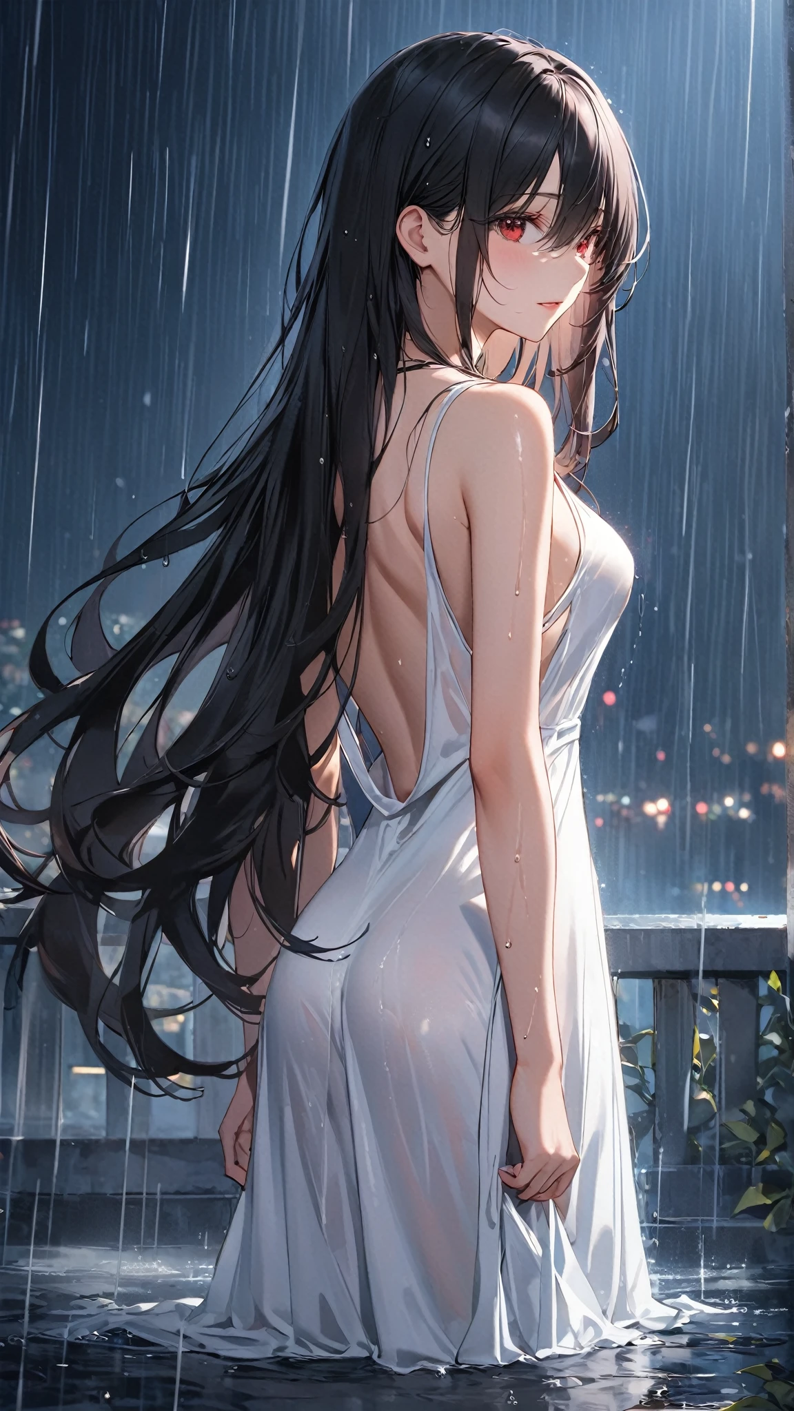 (masterpiece,top quality,high quality)), ((8K wallpaper unified with high definition CG)), (huge stunning goddess shot, so hot and sexy, jaw dropping beauty, perfect proportions, beautiful body, slim body beauty:1.3), (dancing in the rain:1.5)), Woman in white dress dancing in the rain, dancing in the rain, sloshing rain, soaking wet, soaking wet body, carnal desire, wet in the rain, wet dress, backlighting, rain, wet hair shaking, splashing rain, night, rain, portrait of dancer, facing away, looking across, Rough pose, view from front, full body shot,
