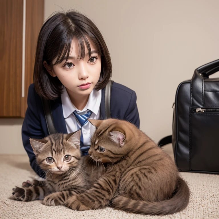 1womanl、(ultra beautiful faces:1.5)、18-year-old schoolgirl、(Sitting on the sofa at home and holding a cute cat:1.5)、Smiling、(Cute American shorthair with blue eyes)、(White Persian cat)、(high-school uniform)、(plaid skirts)、brown haired、(bare-legged)