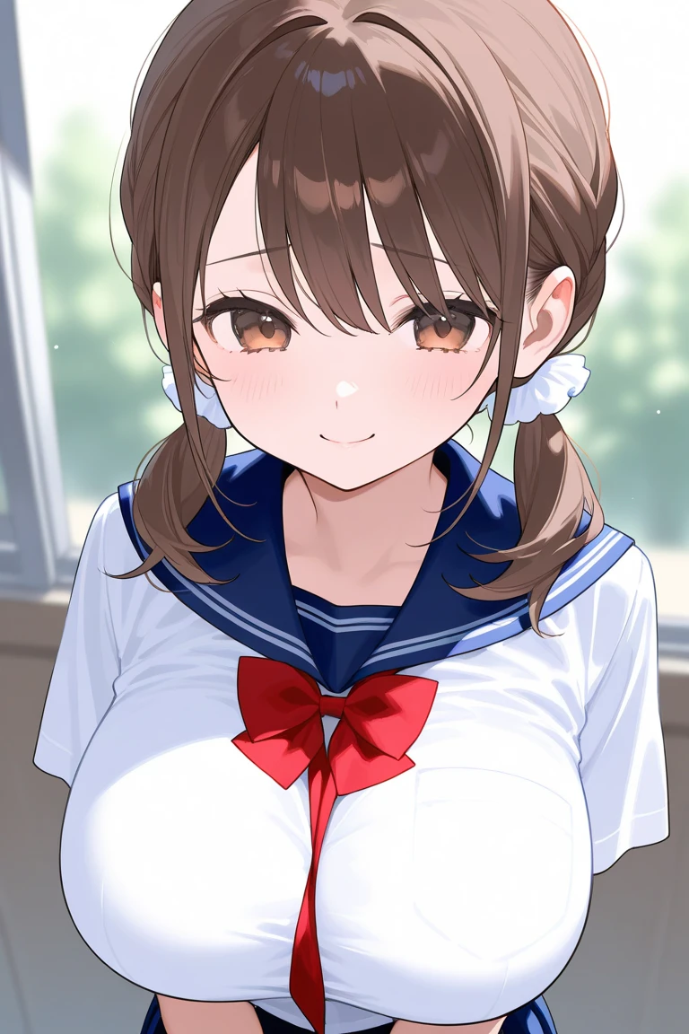 Ample breasts、Sitting on the school steps,(((A clean white sailor that clings to the chest:1.7))),(((A woman wearing a clean sailor suit:1.7 ))), Shiny light brown and orange striped short hair,Cute Smile,Perfect round face,A bright smile that makes everyone happy,Proper body balance,Tabletop,Ultra-high quality output images,High resolution,Intricate details,Very delicate and beautiful hair,Realistic photos,dream-like,Professional Lighting,Realistic Shadows,Focus Only,Beautiful Hands,Beautiful fingers,Detailed functions of the fingers,Detailed characteristics of the garment,Detailed characteristics of hair,Detailed facial features,(((Accentuate your breasts:1.3))),(Dynamic Angle),(Dynamic and sexy pose),Laughter、Cute round face,,(Tabletop,highest quality,Ultra-high resolution output image,) ,(8K quality,),(Sea Art 2.0 mode:1.3),(Picture Mode Ultra HD,)