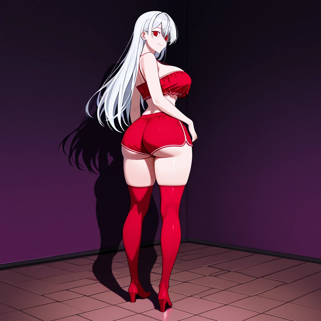 (((from behind))),((Back view)),Royal Hall,Royal style;It's a bright space with lots of light...,fluffy hair,Clear silver hair,((Chignonhair)),Dango Hair,Her chest is wide open and you can see her cleavage,((Underwear with plenty of lace)).,(clean white underwear),((Skin peeking through the gap in the lace)),,Glossy and elastic skin,Slight red tide,AHE Face,ecstacy,((Standing with arms raised)),(stiletto shoes),pumps,Face holding back,((Puffing out cheeks)),SEX,(Leg up),