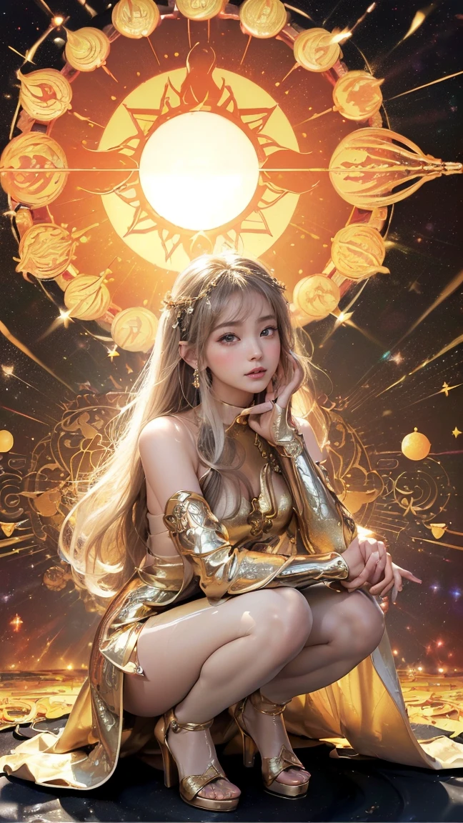 Create a woman with unique qualities, An artistic representation of the essence of the constellation inspired by Leo and the cosmic stars, With striking facial features and a mysterious aura, Leaves visible golden traces and golden glow, Golden yellow hair and a confident smile are expressed in a curly and thick mane.,Demonstrates the proud nature of the Leo zodiac sign