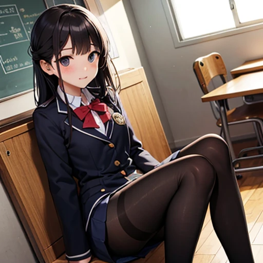 komiShouko, masterpiece, best quality, absurdres, 1girl, looking at viewer, v arms, pantyhose, classroom, , red skirt, red bow, blazer, window, sitting, chair, crowd,crossing legs,medium thighs.