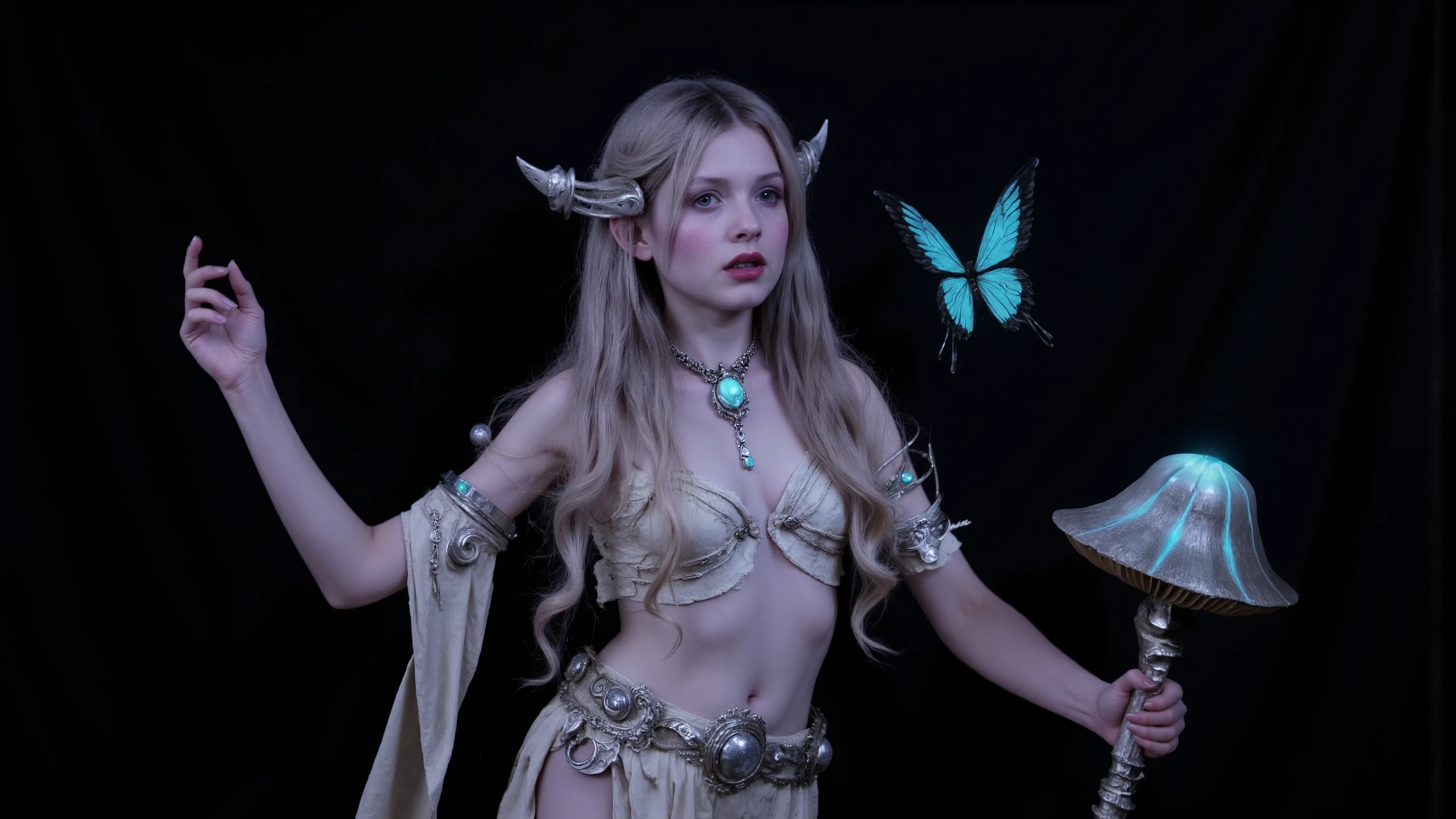 A slender ,stands gracefully in a dark void, Ethereal figures,embodies the mysterious charm. Her skin is soft and purple, Complementing it with long, Flowing Hair,The hair is silver Blue waves cascading down. elf ears, adds to her otherworldly charm. She wears delicate silver jewels on her body, includes a large, The gorgeous pendant radiates a subtle glow. Her outfit is extremely simple, blouse and waistband, enhances the overall fantasy beauty.In one hand, she holds a beautifully detailed staff, Silver and blue, ,with curved accents and spherical elements, alludes to mystical power or authority. surrounds her , The bright blue butterfly flutters softly, create a charming atmosphere. under her , glowing mushroom bud, using various shades of cyan and turquoise on her chest and delicate arms.The composition captures a serene mood, Mysterious elegance, reminiscent of a mythical woodland fairy or witch. Girl ren