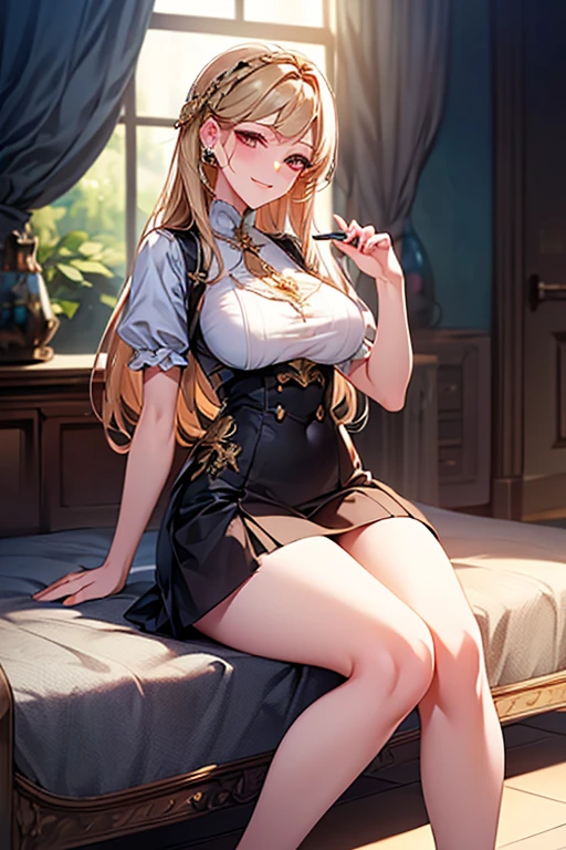 (8K, RAW photos, best quality, masterpiece:1.2), (Practical, photo-Practical:1.37),1 Girl, skirt, Green Eyes, Long hair, Superfine fabric, beautiful decoration on skirt,