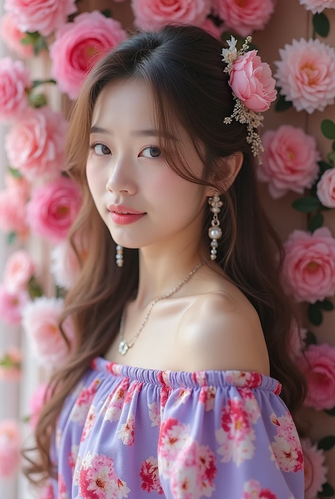 Flowers bloom all over the wall, (best light: 1.2, cute korean girl: 1.2, [white dress: 1.3], full body, beautiful dance moves, She is wearing a pink long-haired mink bandeau dress., Colorful flower wall, poster level, wallflower is not crowded, elegant and colorful: 1.1, bright and moving: 1.1, [Super detailed: 1.2 + dynamic pose + delicate: 1.2],), big breasts, pursed lips and smile, The sides are five-colored flowers, The wall is pink hydrangea, rose, colorful chrysanthemums, The background wall is a flower wall based on pink.