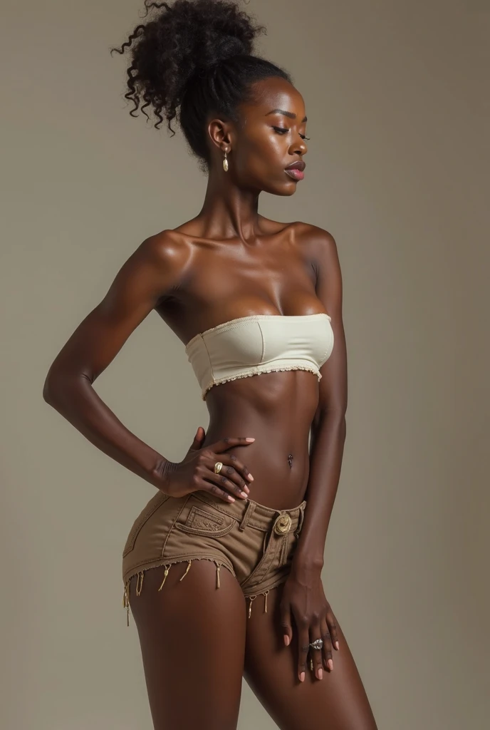 masterpiece, best quality, a dark skinned black woman wearing a white bra, short pink skirt with white underwear asymmetrical afro haircut, jacket off one shoulders, midriff, smile, teeth, insane ultra hires, extreme intricate details, tooth gap, big boobs, round ass HDR, natural lighting, volumetric shading, dynamic pose, Hyperealistic, realistic lighting, dramatic shadows, hard focus, high contrast, dramatic perspective dramatic shadows,