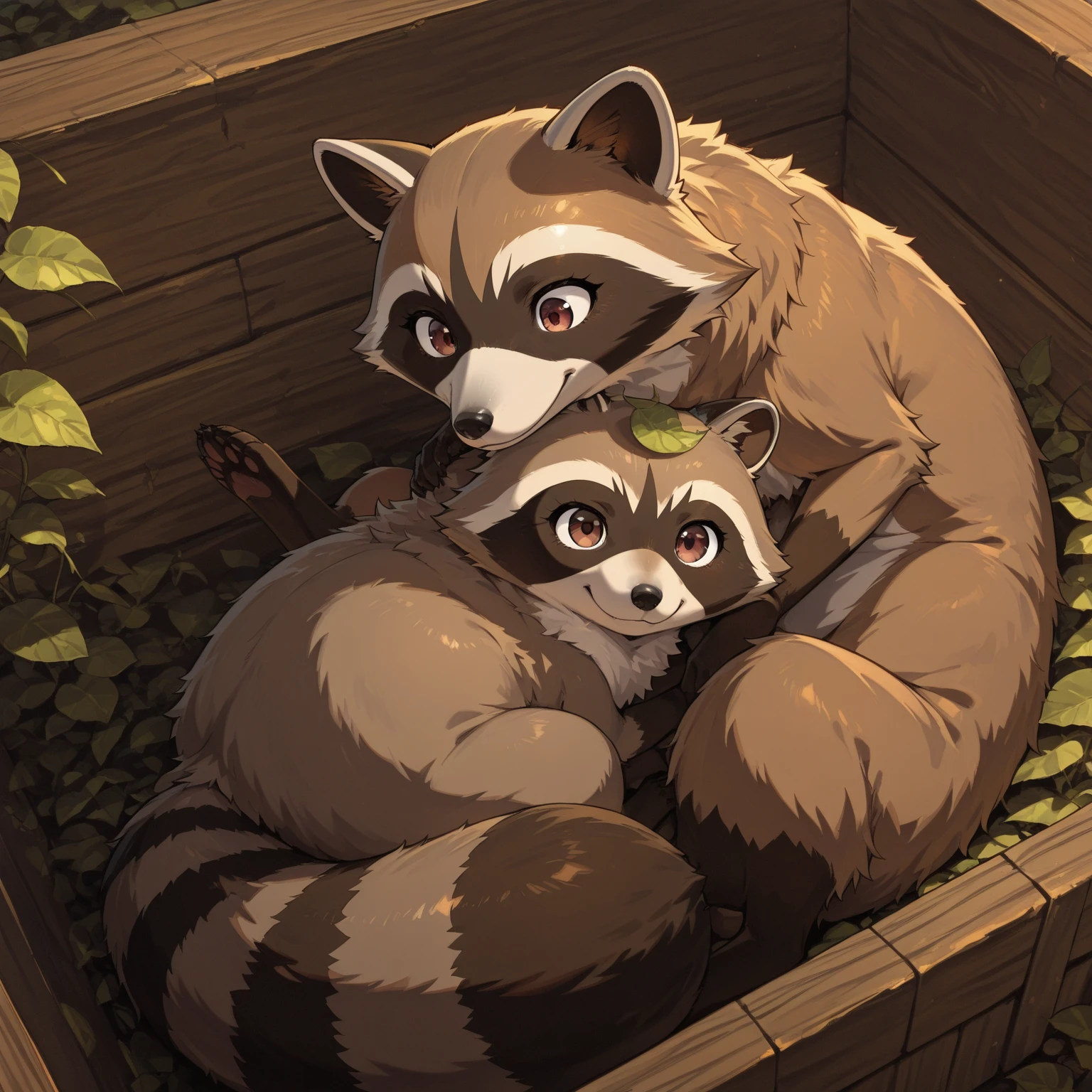 ((Best Quality)),( super high definition),(Super detailed),( detailed description ),((The best CG)),(masterpiece), 2animals, There are two different animals, one is a raccoon and the other is a fox,in animal form:1), (raccoon and fox are best couples ,the fox is very cute