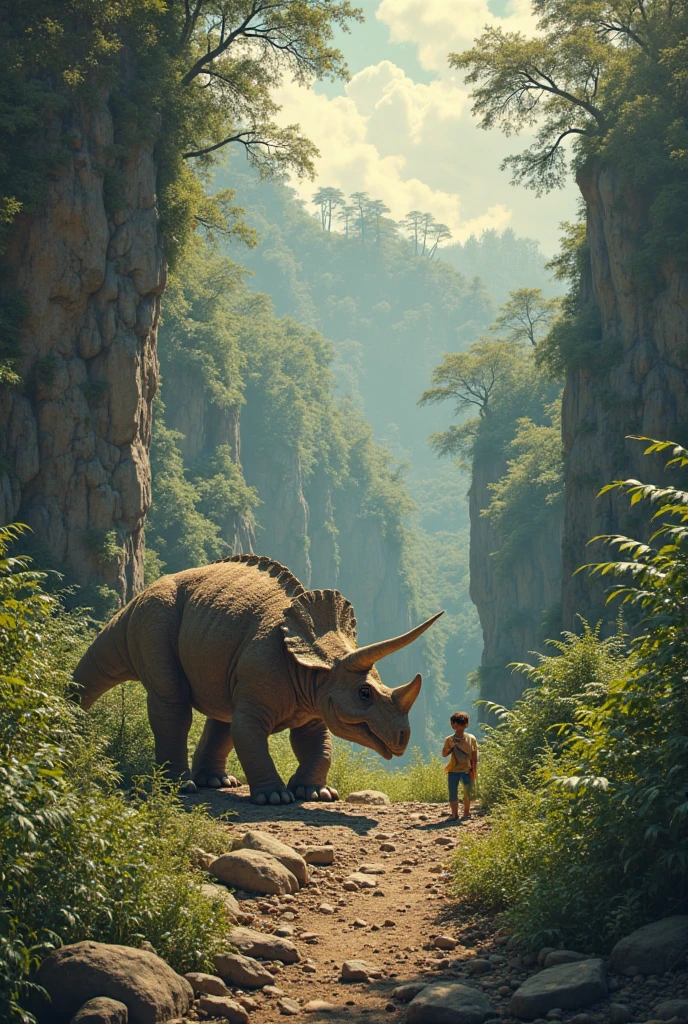 The child stumbles, adjusting to the new environment. The prehistoric world is teeming with life: massive dinosaurs graze in the distance, and vibrant, exotic plants cover the terrain.in virtical angle