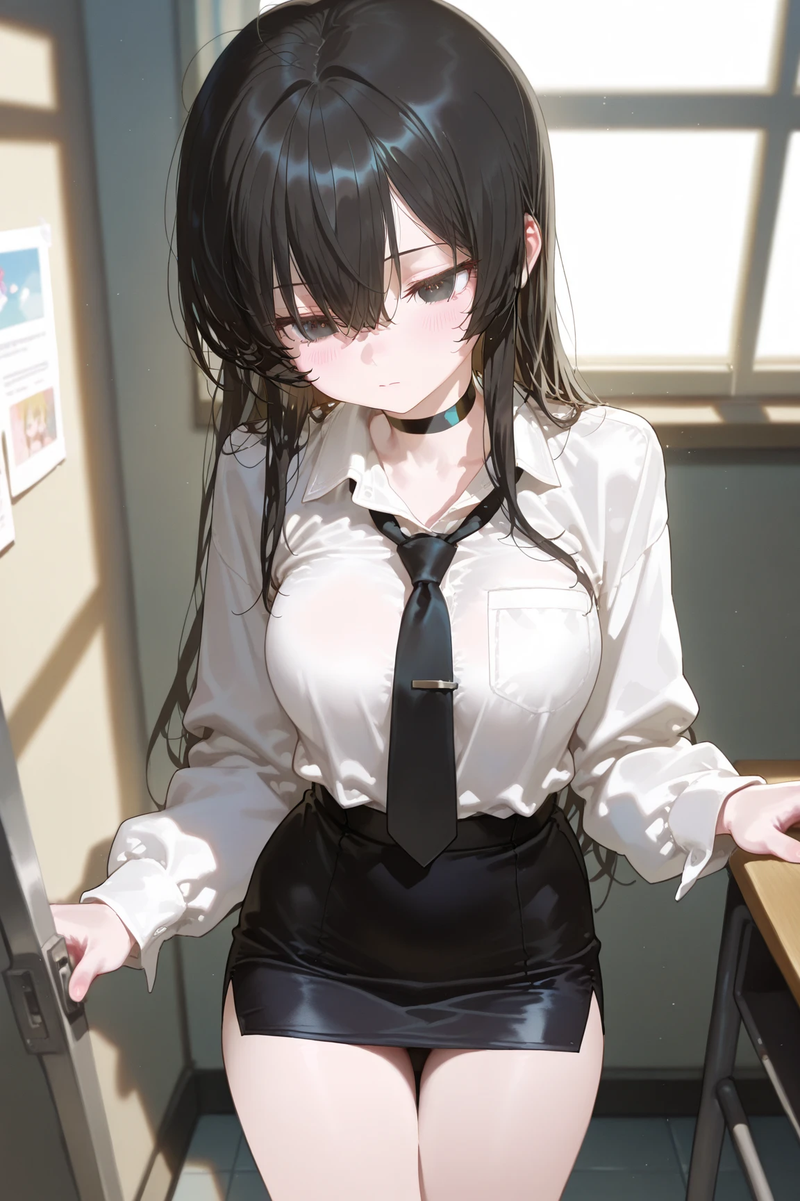 18-year-old girl,cute,Wear a white long-sleeved shirt and a black work tie,Wear black pants,Wear black booties,Wear white gloves,wear cat ear,Wearing a collar,Black hair,Black eyes,Very thin waist,Very thin legs,Handsome,Disdainful and cold expression,shy,blush,scared,crying,Sweating,tired,Outflow semen,Is giving sexual assault,Glove removal action,pornography